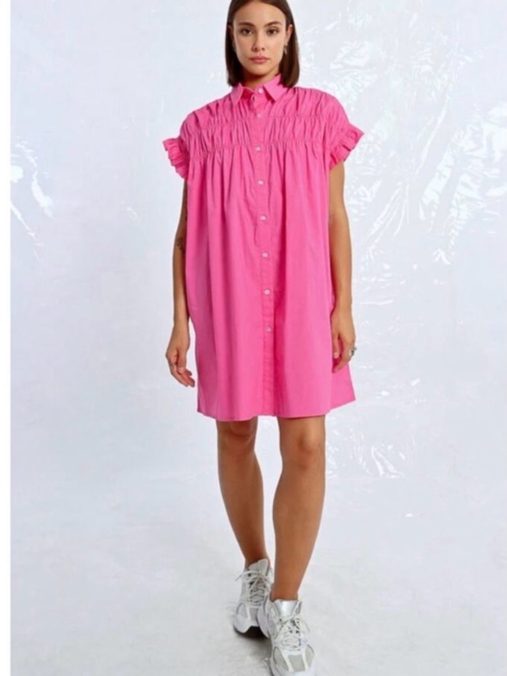 Lili Sidonio Bright Pink Button-Down Smocked Yoke Shirt Dress